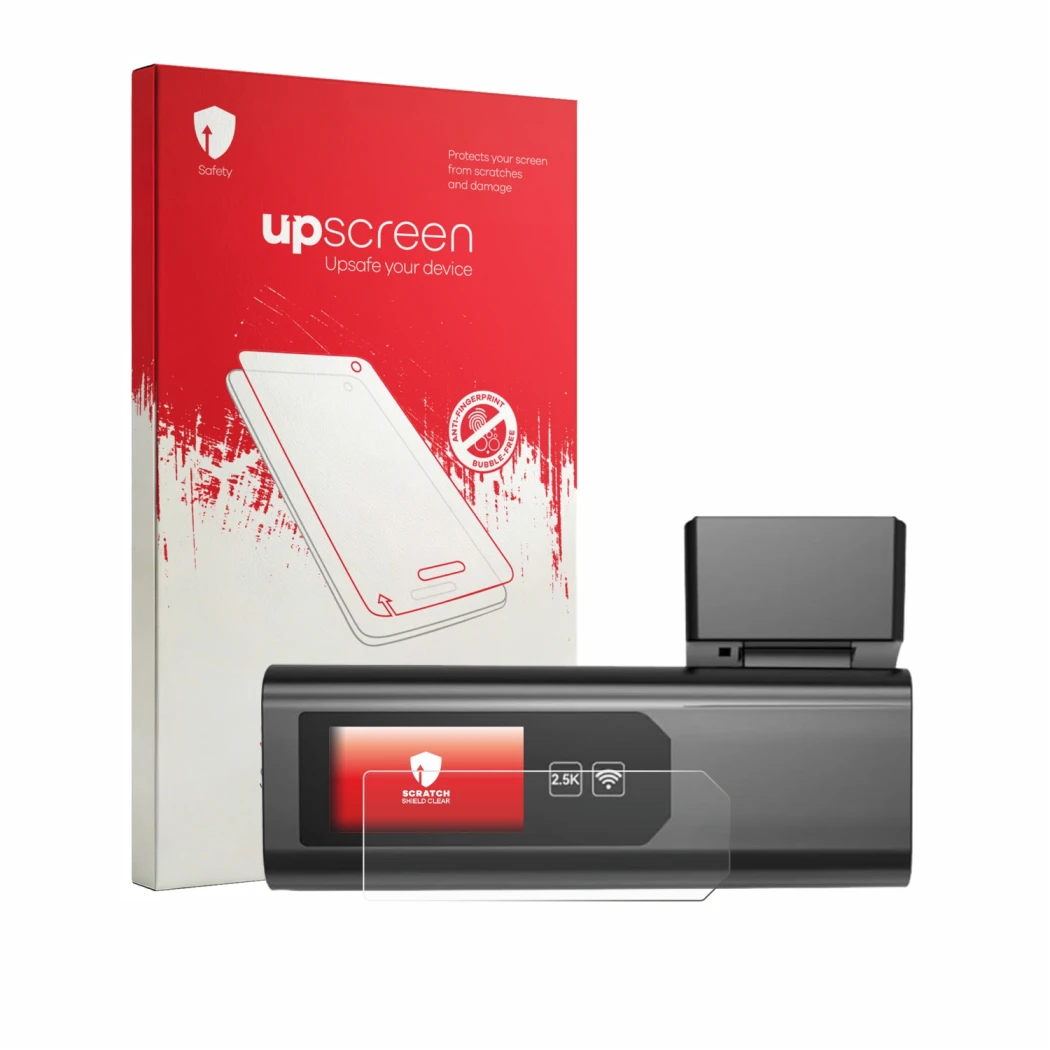 Vorderseite einer Produktverpackung mit dem Markenlogo upscreen. Daneben ist das Gerät Wolfbox i03 mit dem zugehörigen Display