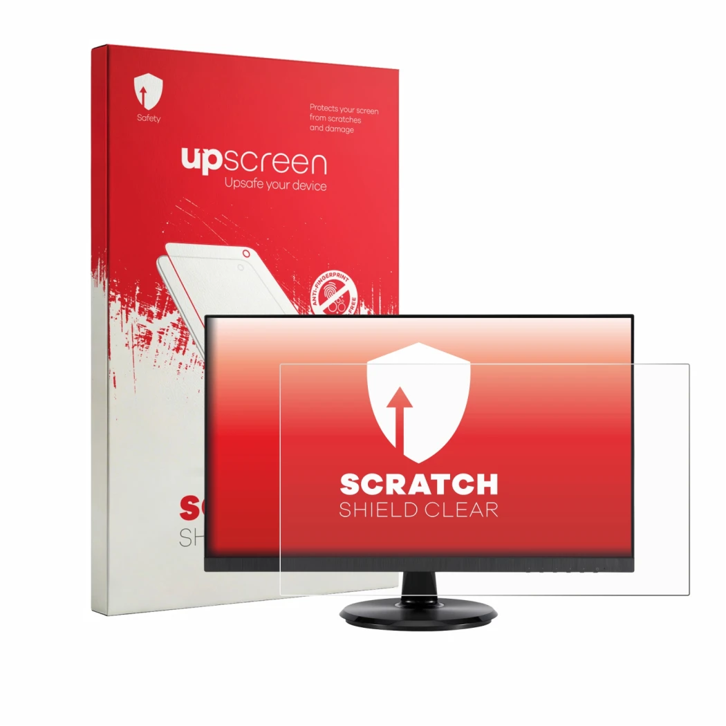 Vorderseite einer Produktverpackung mit dem Markenlogo upscreen. Daneben ist das Gerät Asus VA24DQSB mit dem zugehörigen Displ