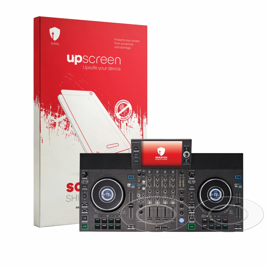 Vorderseite einer Produktverpackung mit dem Markenlogo upscreen. Daneben ist das Gerät Denon DJ SC LIVE 4 (Jog) mit dem zugehö