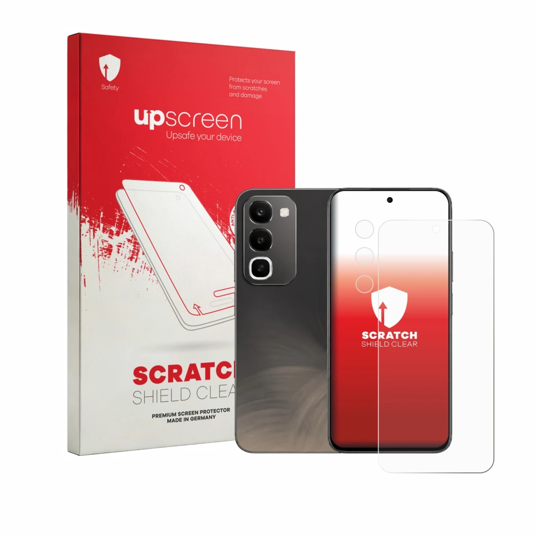 Vorderseite einer Produktverpackung mit dem Markenlogo upscreen. Daneben ist das Gerät realme C100 4G (Display+Kamera) mit dem