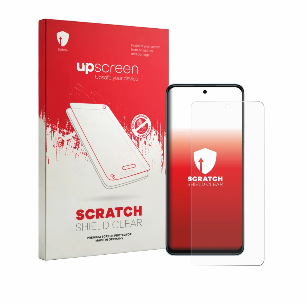 Vorderseite einer Produktverpackung mit dem Markenlogo upscreen. Daneben ist das Gerät Huawei Nova Y74 mit dem zugehörigen Dis