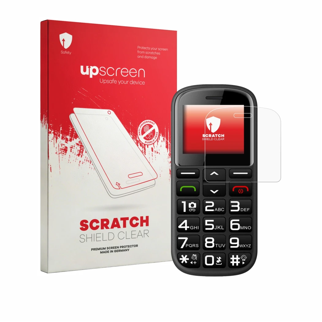 Vorderseite einer Produktverpackung mit dem Markenlogo upscreen. Daneben ist das Gerät artfone CS182 mit dem zugehörigen Displ