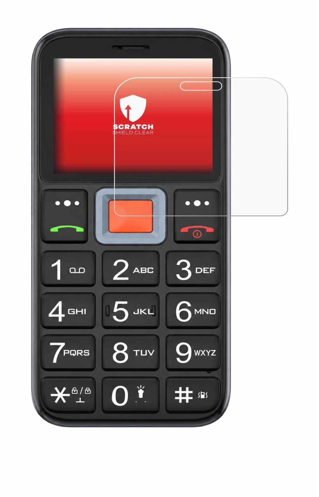 Abbildung des Geräts Easyfone Prime A5 mit einer Vielzahl des Displayschutzes.