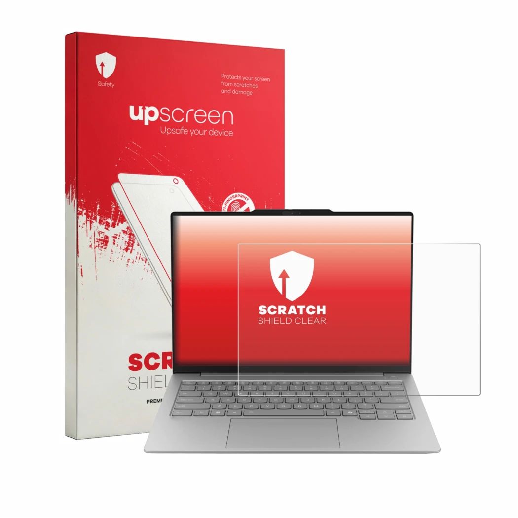 Vorderseite einer Produktverpackung mit dem Markenlogo upscreen. Daneben ist das Gerät Lenovo ThinkBook 14X mit dem zugehörige