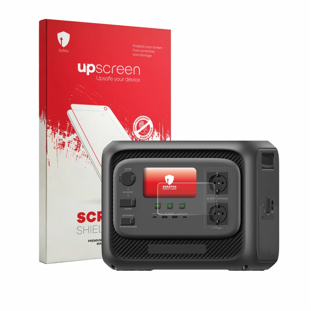 Vorderseite einer Produktverpackung mit dem Markenlogo upscreen. Daneben ist das Gerät Bluetti Elite 300 mit dem zugehörigen D