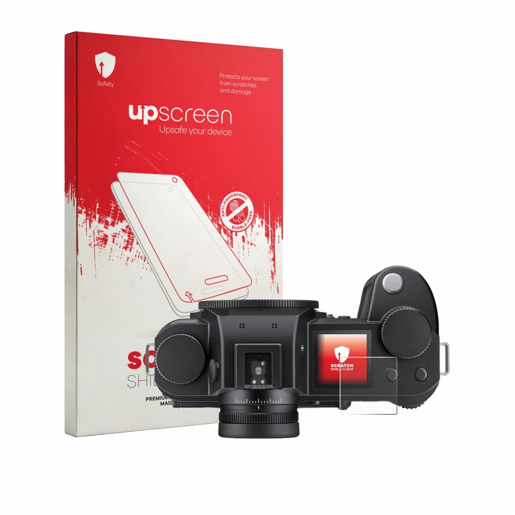 Vorderseite einer Produktverpackung mit dem Markenlogo upscreen. Daneben ist das Gerät Leica SL3-P (Schulterdisplay) mit dem z