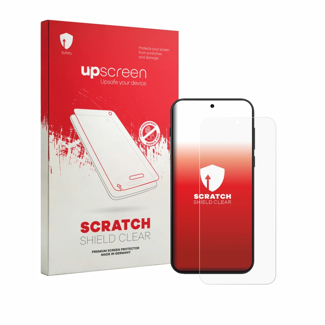 Vorderseite einer Produktverpackung mit dem Markenlogo upscreen. Daneben ist das Gerät OnePlus N6 mit dem zugehörigen Displays