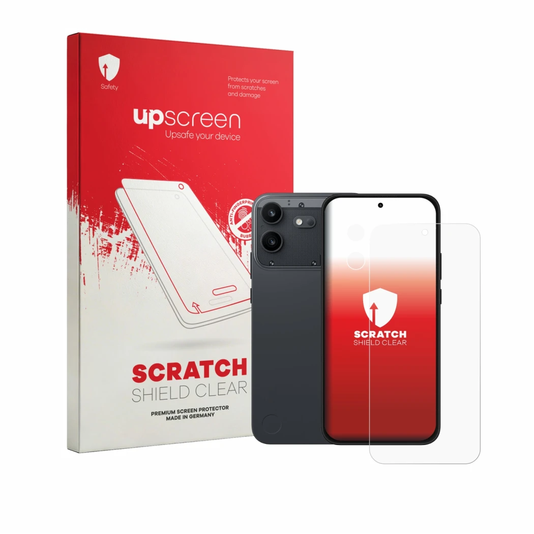 Vorderseite einer Produktverpackung mit dem Markenlogo upscreen. Daneben ist das Gerät Nothing Phone (4b) (Display+Kamera) mit
