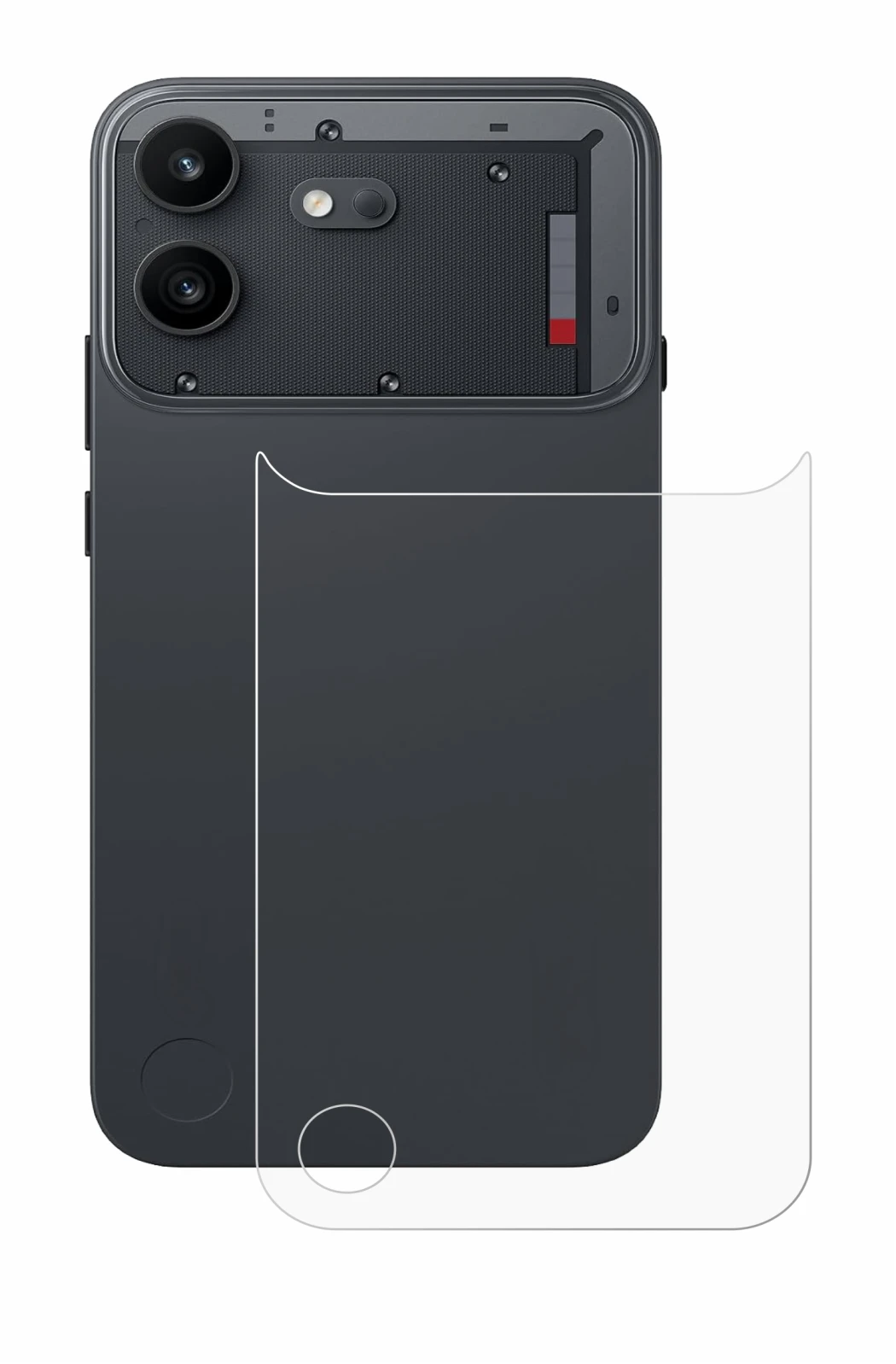 Abbildung des Geräts Nothing Phone (4b) (Rückseite) mit einer Vielzahl des Displayschutzes.