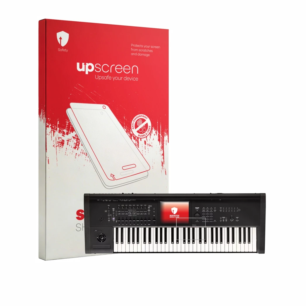 Vorderseite einer Produktverpackung mit dem Markenlogo upscreen. Daneben ist das Gerät KORG Kronos 3 (2025) 61 mit dem zugehör