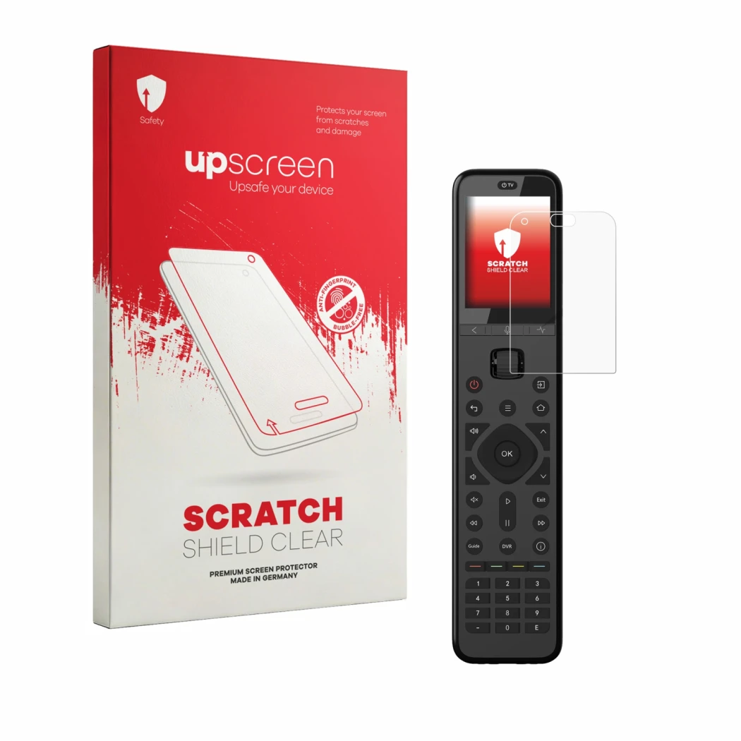 Vorderseite einer Produktverpackung mit dem Markenlogo upscreen. Daneben ist das Gerät Sofabaton U3 mit dem zugehörigen Displa