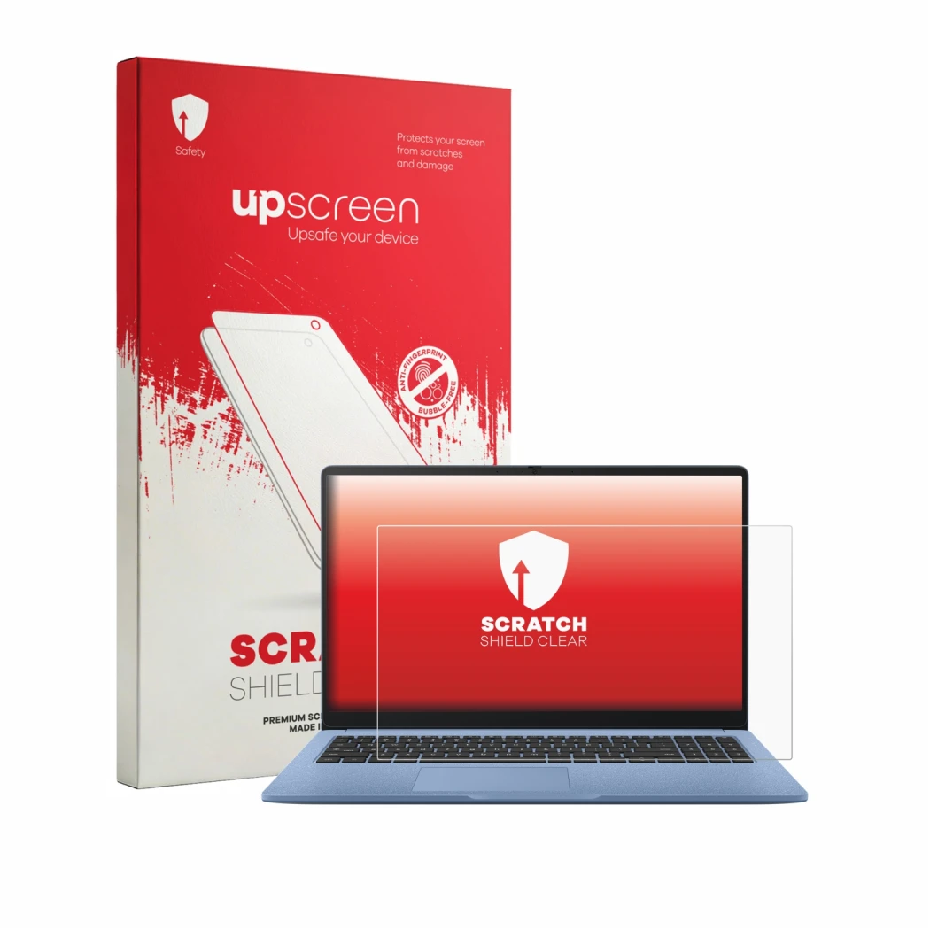 Vorderseite einer Produktverpackung mit dem Markenlogo upscreen. Daneben ist das Gerät ASUS Chromebook CM15 mit dem zugehörige