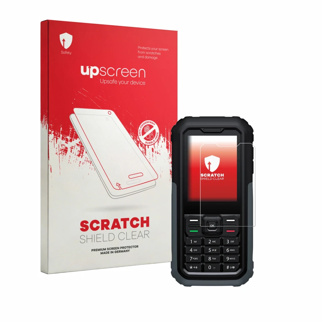Vorderseite einer Produktverpackung mit dem Markenlogo upscreen. Daneben ist das Gerät TCL OneTouch 5044 mit dem zugehörigen D