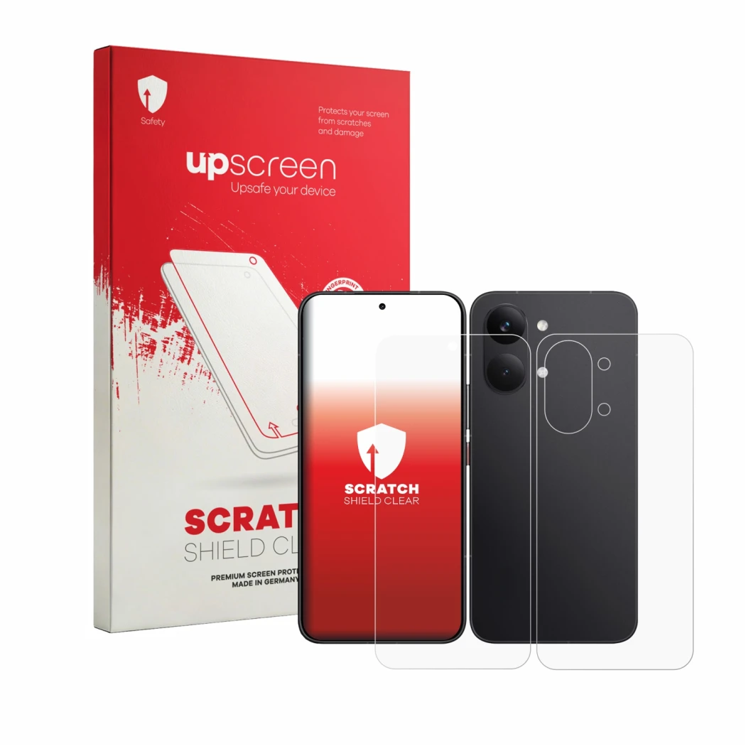 Vorderseite einer Produktverpackung mit dem Markenlogo upscreen. Daneben ist das Gerät Xiaomi Poco X8 Pro Max (Display+Rücksei