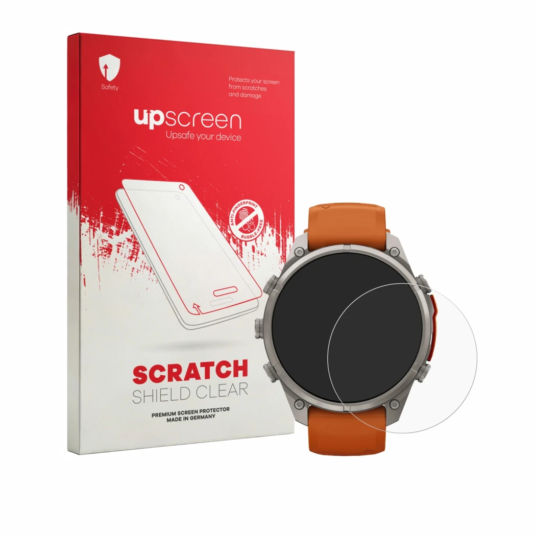 Vorderseite einer Produktverpackung mit dem Markenlogo upscreen. Daneben ist das Gerät Garmin Fenix 9 Pro (47 mm) mit dem zuge