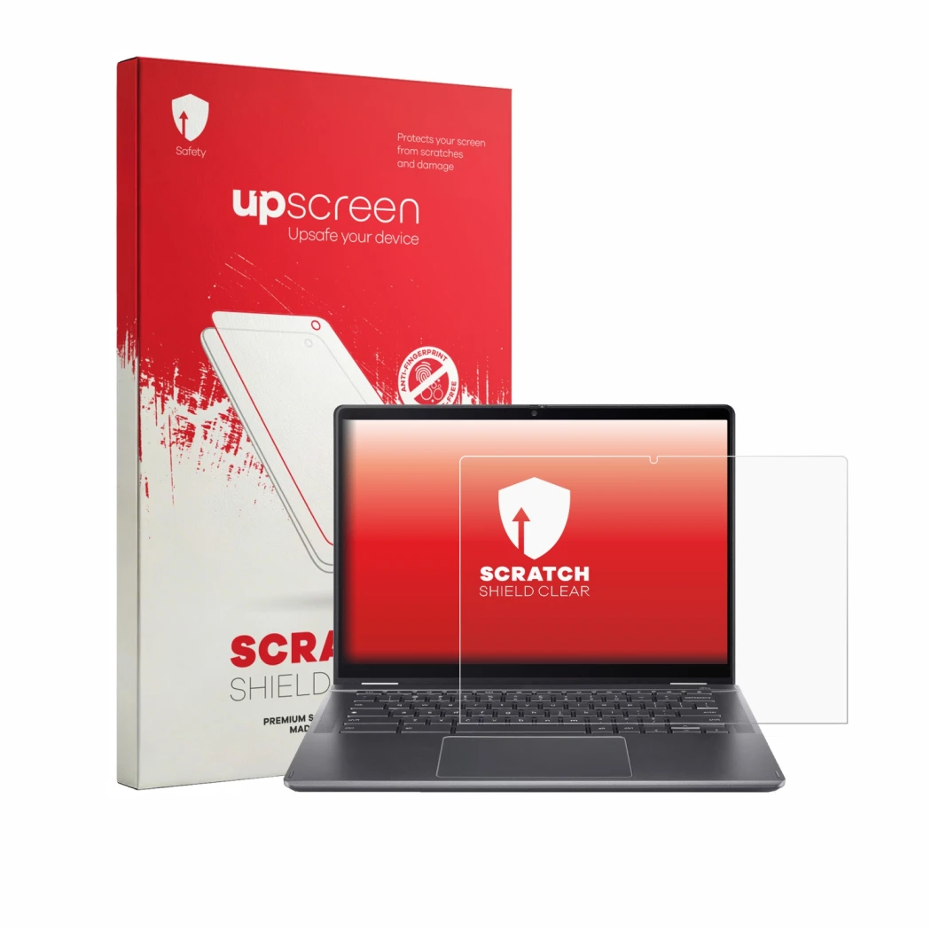 Vorderseite einer Produktverpackung mit dem Markenlogo upscreen. Daneben ist das Gerät Acer Chromebook Plus Spin 514 mit dem z