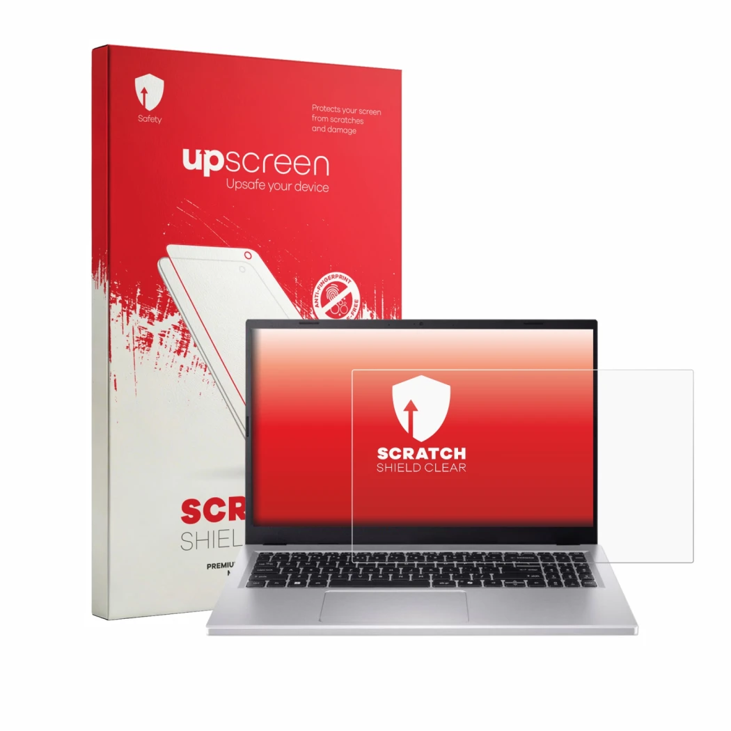 Vorderseite einer Produktverpackung mit dem Markenlogo upscreen. Daneben ist das Gerät Acer Extensa 15 mit dem zugehörigen Dis