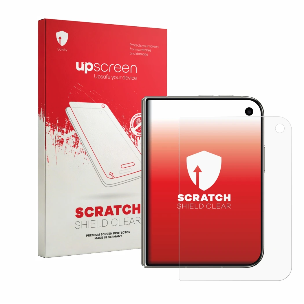 Vorderseite einer Produktverpackung mit dem Markenlogo upscreen. Daneben ist das Gerät Apple iPhone Duo mit dem zugehörigen Di