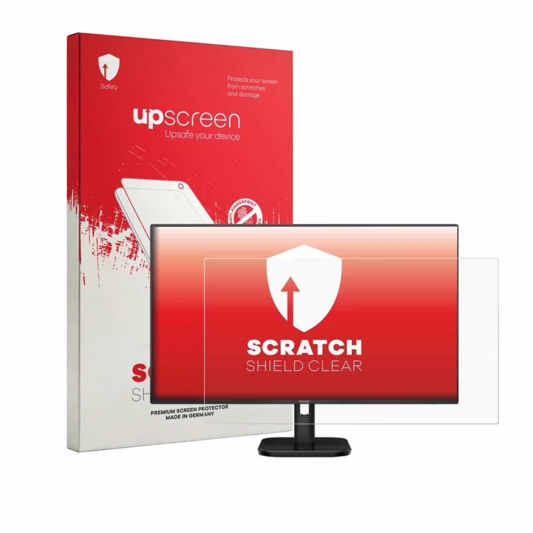 Vorderseite einer Produktverpackung mit dem Markenlogo upscreen. Daneben ist das Gerät Philips 24E1N1100A mit dem zugehörigen