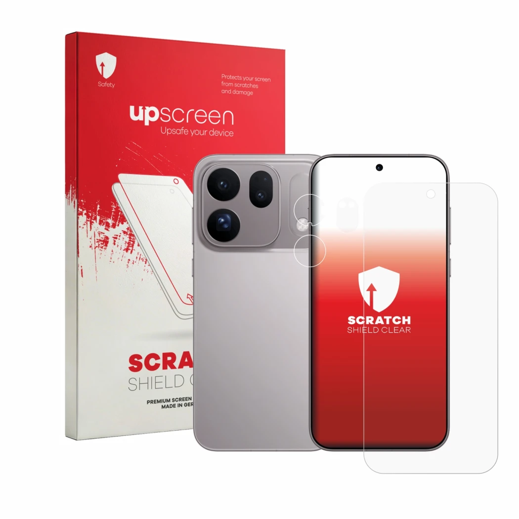 Vorderseite einer Produktverpackung mit dem Markenlogo upscreen. Daneben ist das Gerät Oppo Find X10 (Display+Kamera) mit dem