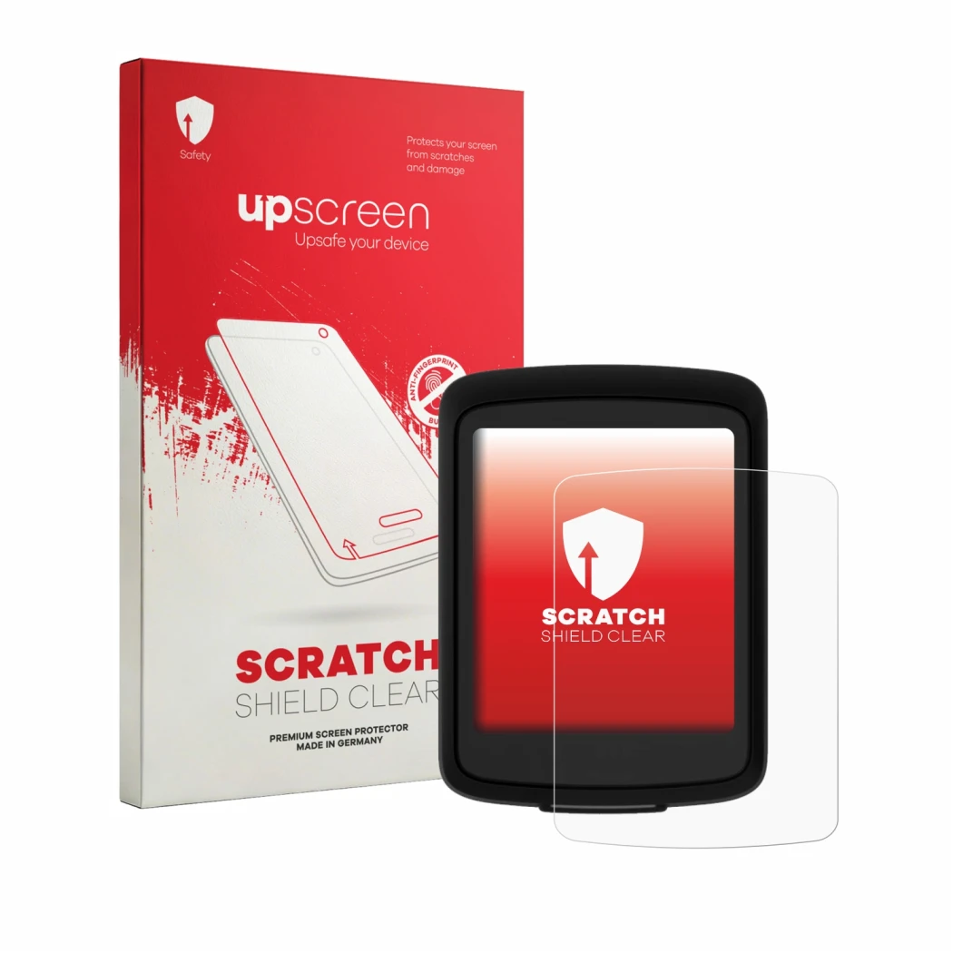 Vorderseite einer Produktverpackung mit dem Markenlogo upscreen. Daneben ist das Gerät Bryton GO mit dem zugehörigen Displaysc
