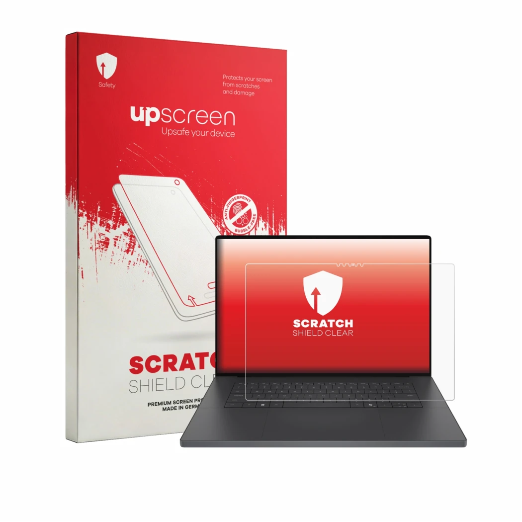 Vorderseite einer Produktverpackung mit dem Markenlogo upscreen. Daneben ist das Gerät Dell XPS 16 Creator Edition mit dem zug