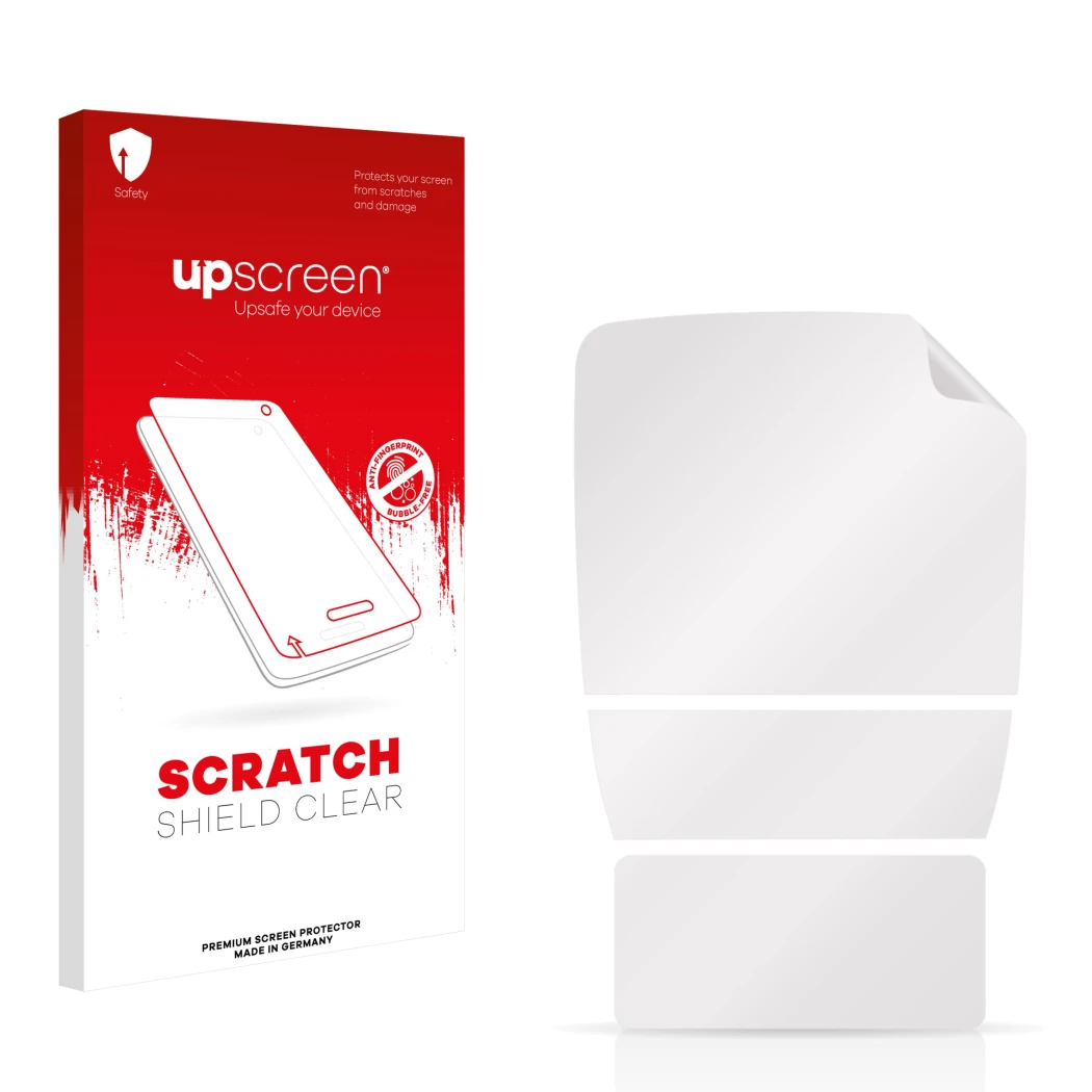 Vorderseite einer Produktverpackung mit dem Markenlogo upscreen. Daneben ist der zugehörige Displayschutz.