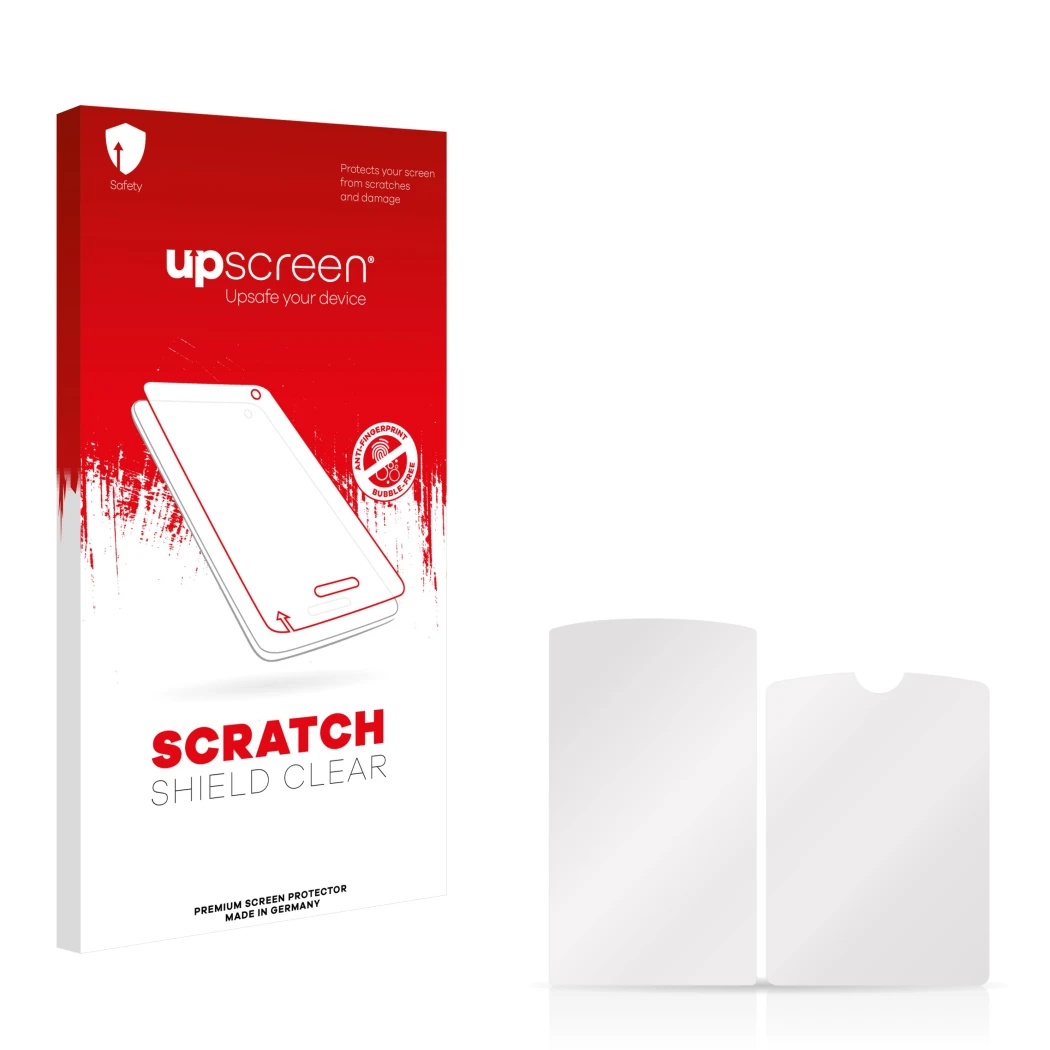 Vorderseite einer Produktverpackung mit dem Markenlogo upscreen. Daneben ist der zugehörige Displayschutz.