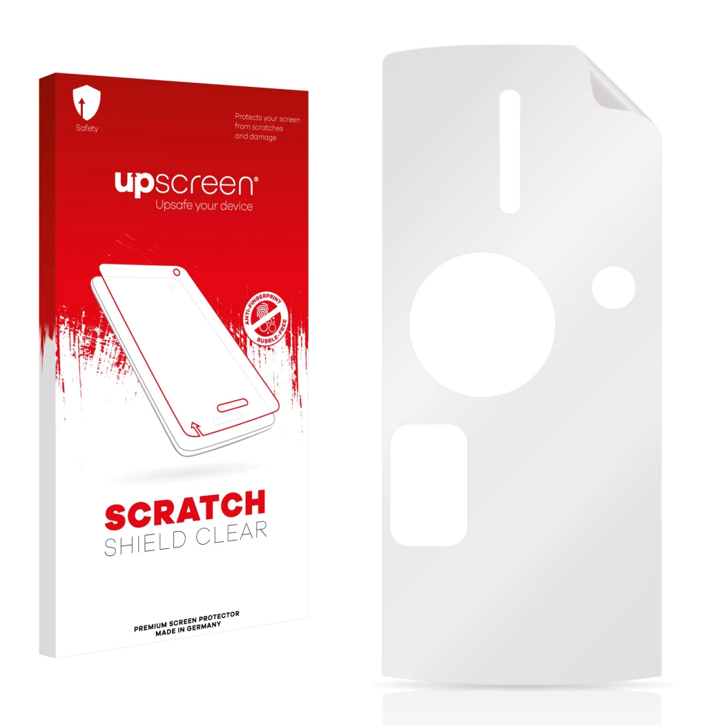 Vorderseite einer Produktverpackung mit dem Markenlogo upscreen. Daneben ist der zugehörige Displayschutz.