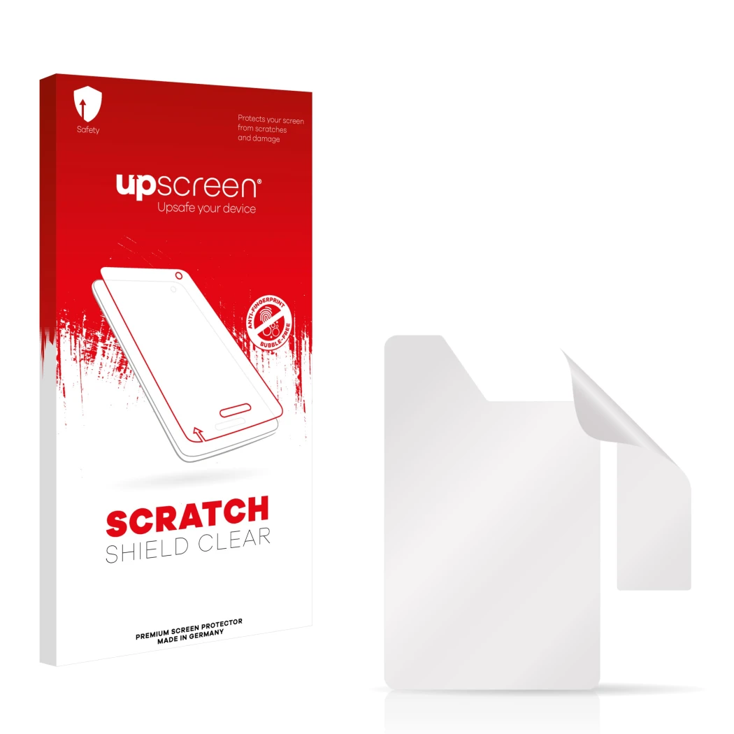 Vorderseite einer Produktverpackung mit dem Markenlogo upscreen. Daneben ist der zugehörige Displayschutz.