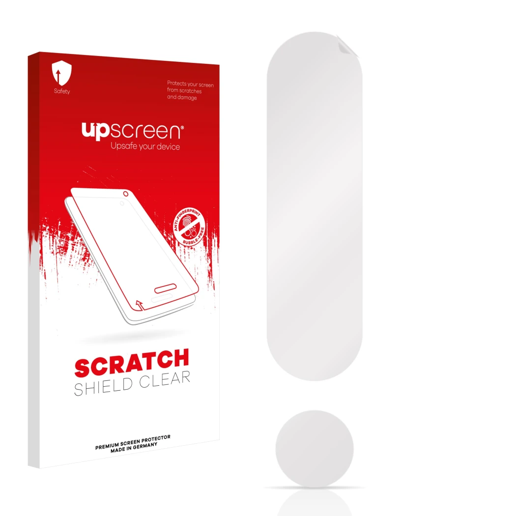 Vorderseite einer Produktverpackung mit dem Markenlogo upscreen. Daneben ist der zugehörige Displayschutz.