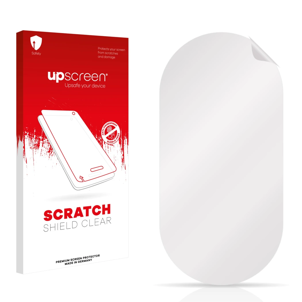 Vorderseite einer Produktverpackung mit dem Markenlogo upscreen. Daneben ist der zugehörige Displayschutz.