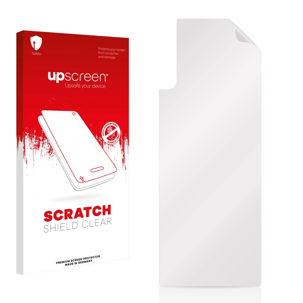 Vorderseite einer Produktverpackung mit dem Markenlogo upscreen. Daneben ist der zugehörige Displayschutz.
