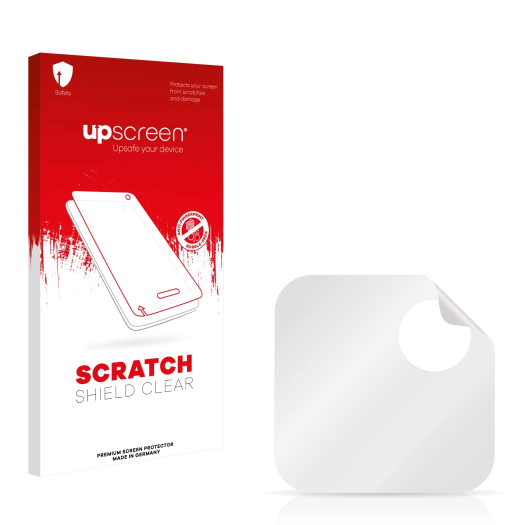 Vorderseite einer Produktverpackung mit dem Markenlogo upscreen. Daneben ist der zugehörige Displayschutz.