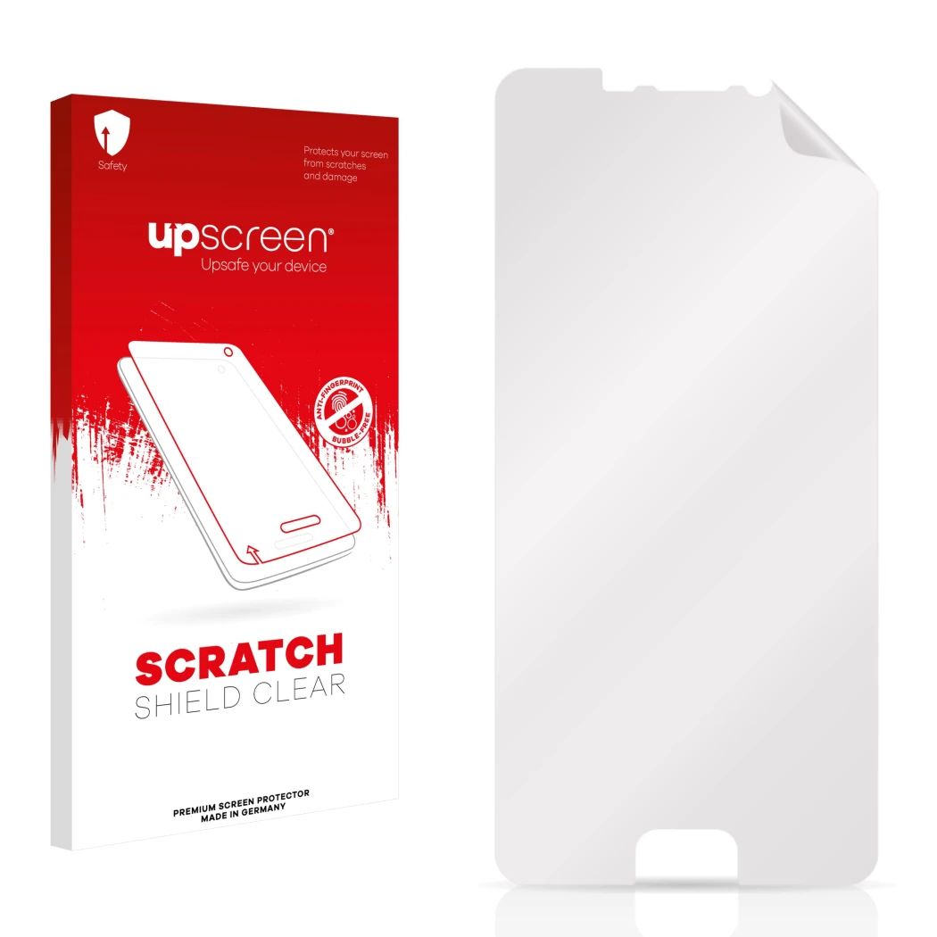 Vorderseite einer Produktverpackung mit dem Markenlogo upscreen. Daneben ist der zugehörige Displayschutz.
