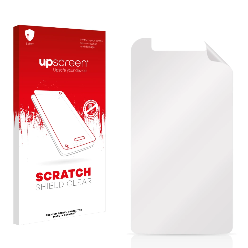 Vorderseite einer Produktverpackung mit dem Markenlogo upscreen. Daneben ist der zugehörige Displayschutz.