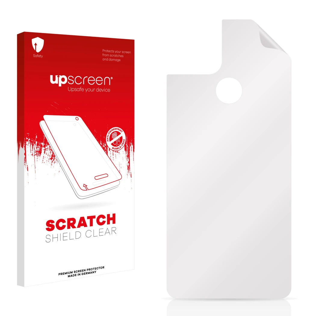 Vorderseite einer Produktverpackung mit dem Markenlogo upscreen. Daneben ist der zugehörige Displayschutz.