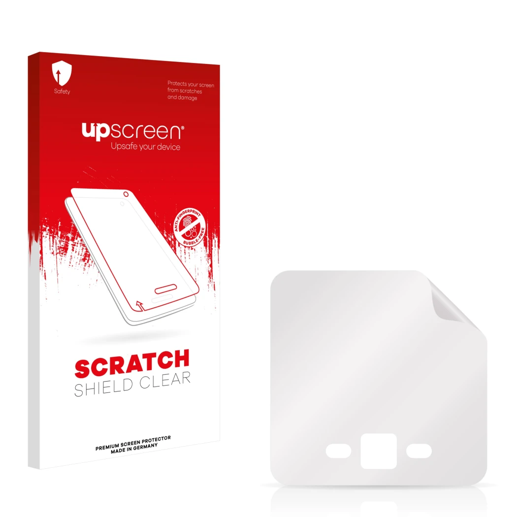 Vorderseite einer Produktverpackung mit dem Markenlogo upscreen. Daneben ist der zugehörige Displayschutz.
