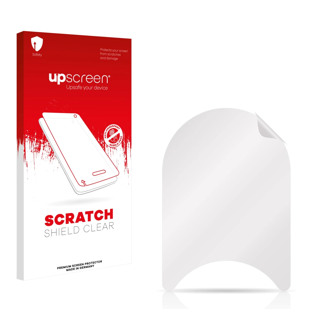 Vorderseite einer Produktverpackung mit dem Markenlogo upscreen. Daneben ist der zugehörige Displayschutz.