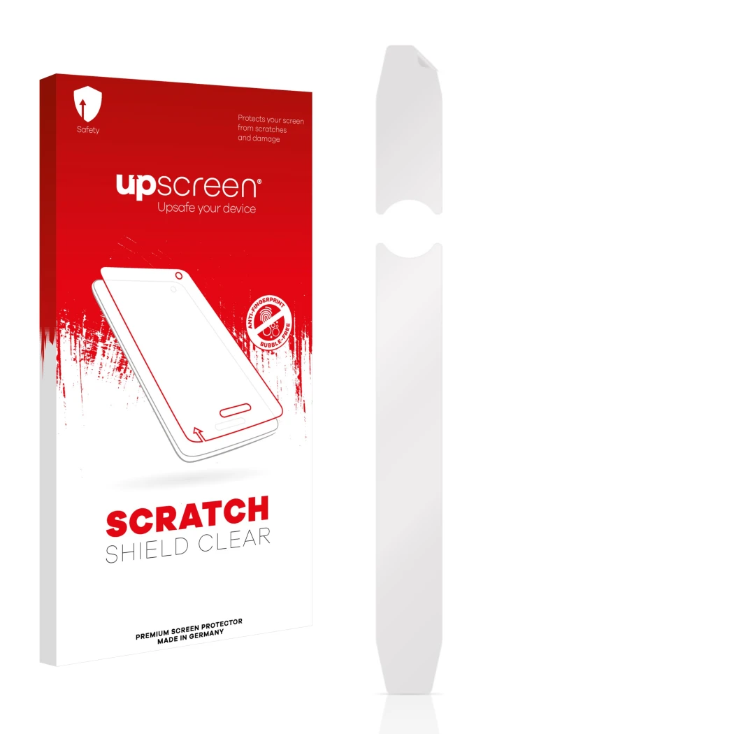 Vorderseite einer Produktverpackung mit dem Markenlogo upscreen. Daneben ist der zugehörige Displayschutz.