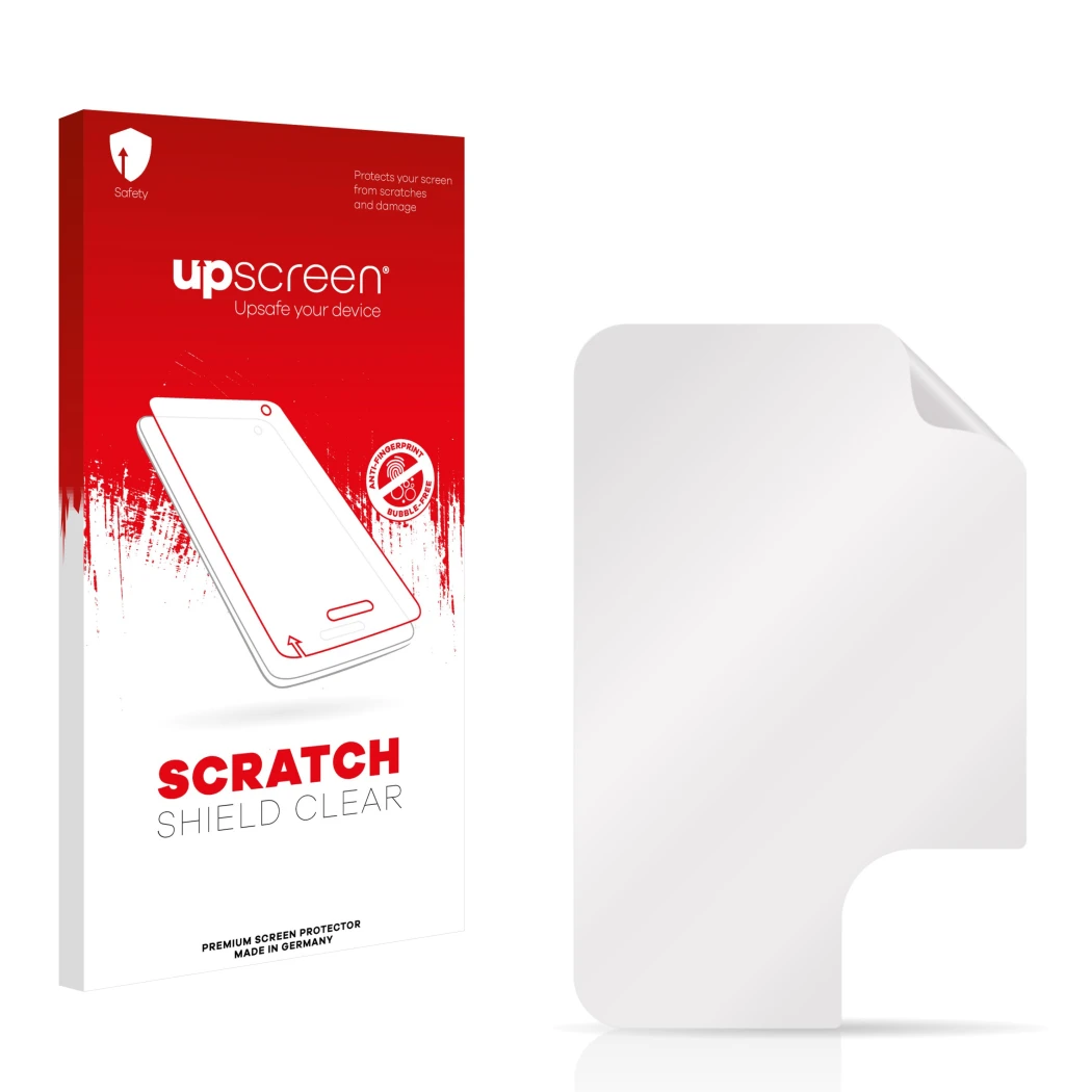 Vorderseite einer Produktverpackung mit dem Markenlogo upscreen. Daneben ist der zugehörige Displayschutz.