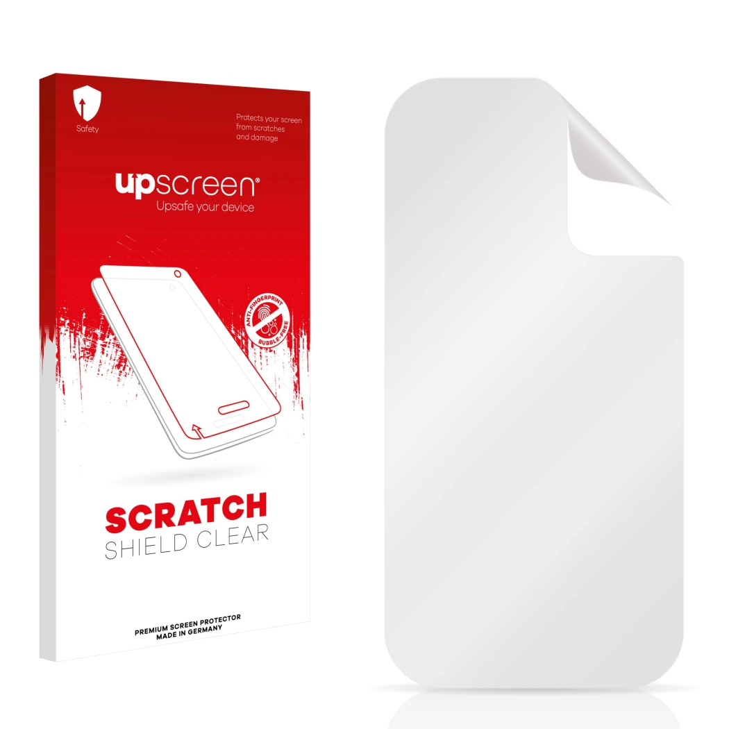 Vorderseite einer Produktverpackung mit dem Markenlogo upscreen. Daneben ist der zugehörige Displayschutz.
