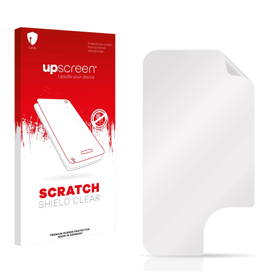 Vorderseite einer Produktverpackung mit dem Markenlogo upscreen. Daneben ist der zugehörige Displayschutz.