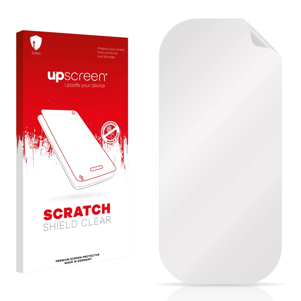Vorderseite einer Produktverpackung mit dem Markenlogo upscreen. Daneben ist der zugehörige Displayschutz.