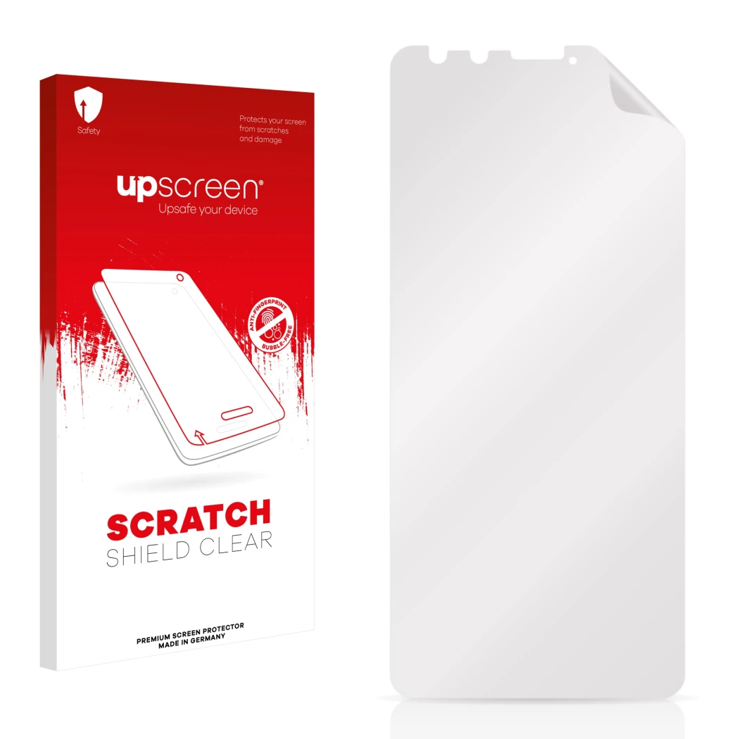 Vorderseite einer Produktverpackung mit dem Markenlogo upscreen. Daneben ist der zugehörige Displayschutz.