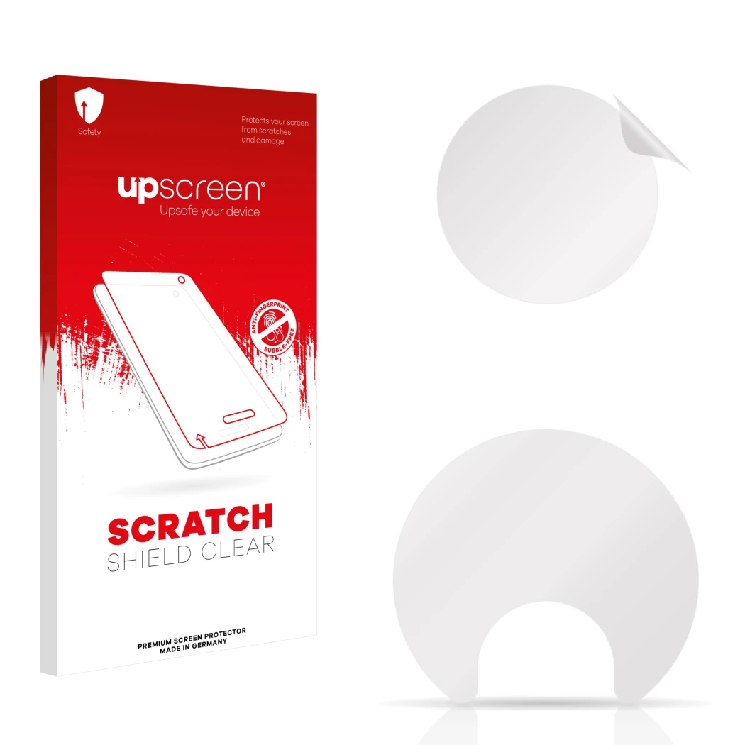 Vorderseite einer Produktverpackung mit dem Markenlogo upscreen. Daneben ist der zugehörige Displayschutz.