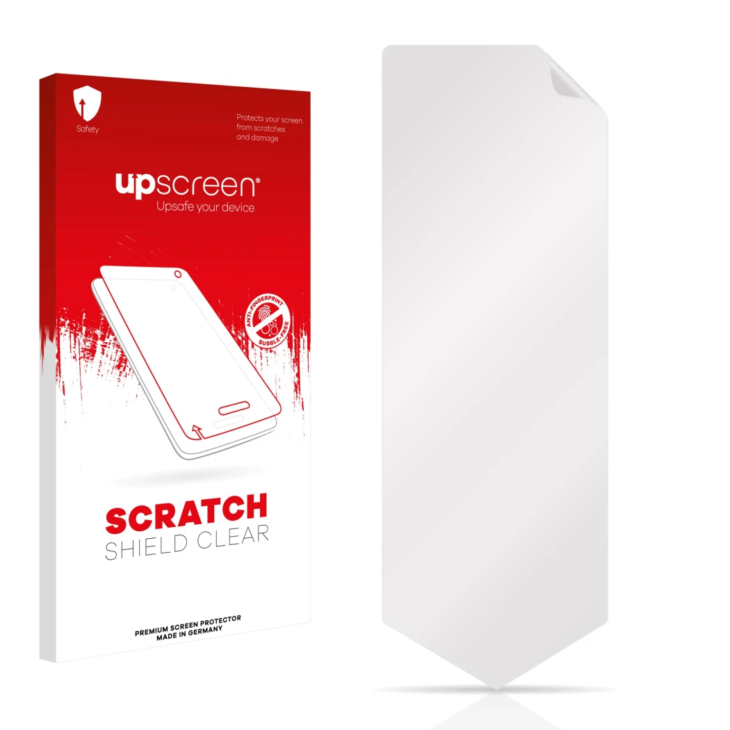 Vorderseite einer Produktverpackung mit dem Markenlogo upscreen. Daneben ist der zugehörige Displayschutz.