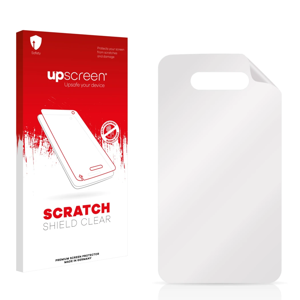 Vorderseite einer Produktverpackung mit dem Markenlogo upscreen. Daneben ist der zugehörige Displayschutz.