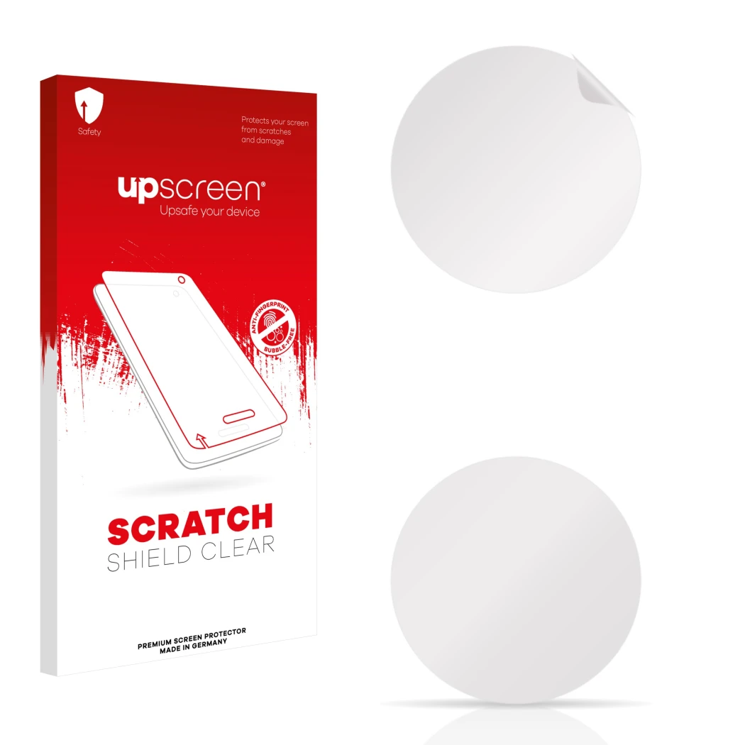 Vorderseite einer Produktverpackung mit dem Markenlogo upscreen. Daneben ist der zugehörige Displayschutz.