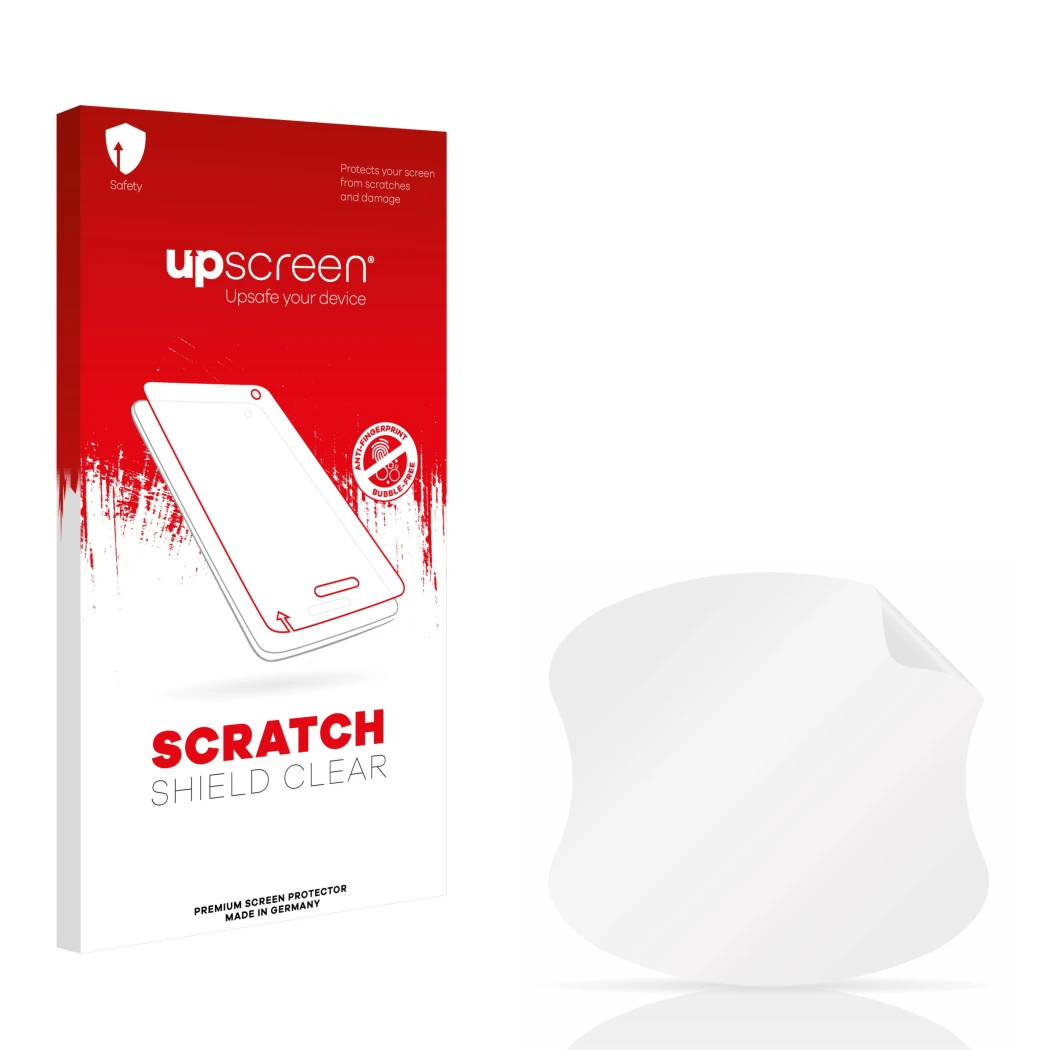 Vorderseite einer Produktverpackung mit dem Markenlogo upscreen. Daneben ist der zugehörige Displayschutz.